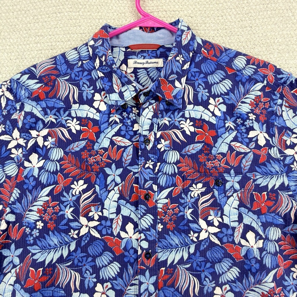 Tommy Bahama Botticelli Toss Camp Shirt Mens Large Blue Floral S/S Seersucker
